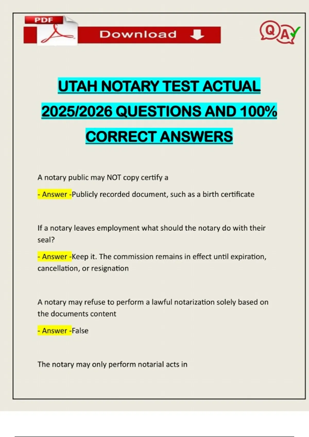 UTAH NOTARY TEST ACTUAL 2025/2026 QUESTIONS AND 100% CORRECT ANSWERS - UTAH NOTARY - Stuvia US