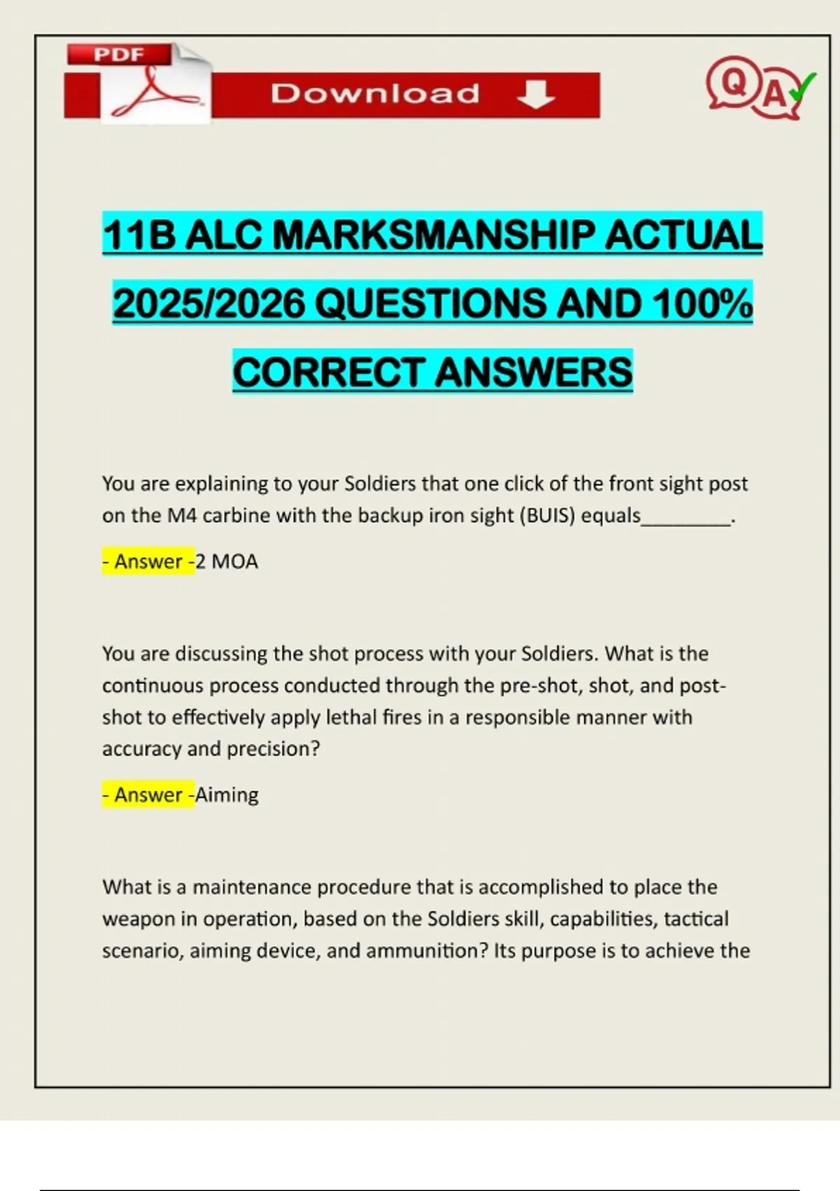 11B ALC MARKSMANSHIP ACTUAL 2025/2026 QUESTIONS AND 100% CORRECT ...