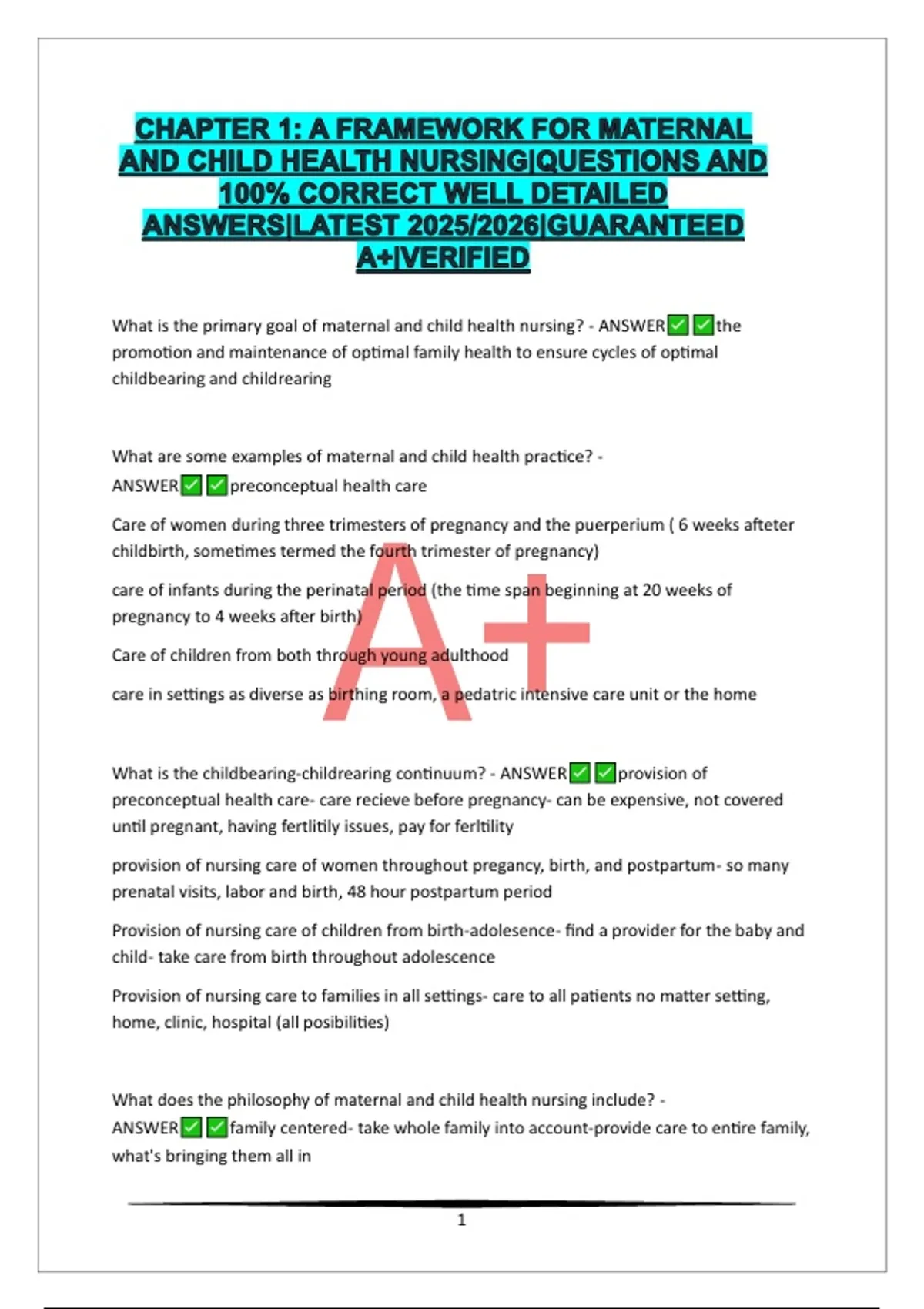 CHAPTER 1: A FRAMEWORK FOR MATERNAL AND CHILD HEALTH NURSING|QUESTIONS ...