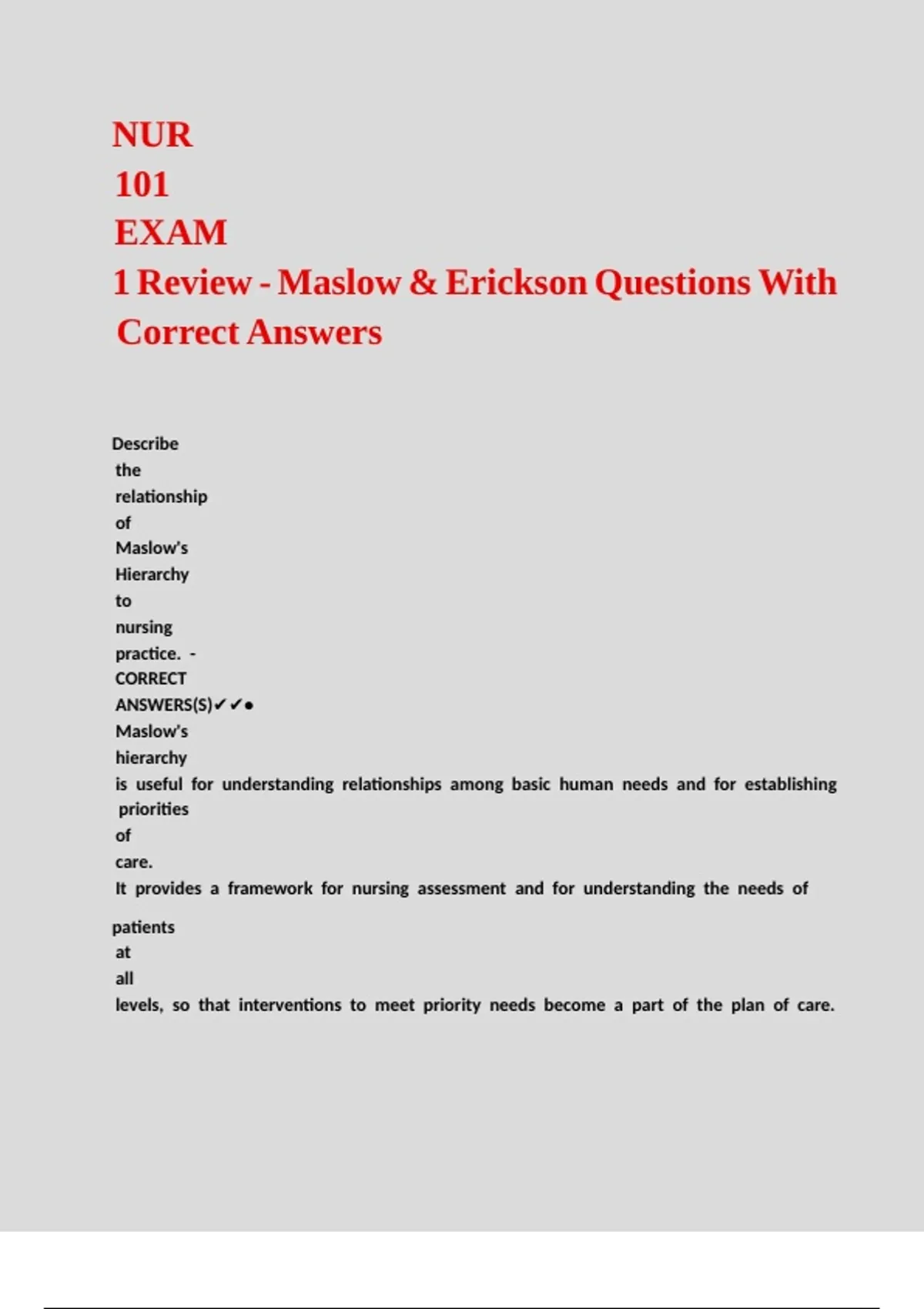 NUR 101 EXAM 1 Review - Maslow & Erickson Questions With Correct ...