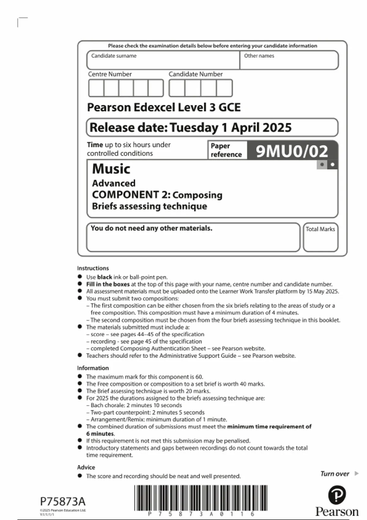 Pearson Note Paper PEARSON EDEXCEL A LEVEL MUSIC PAPER 2 QUESTION PAPER 2025 (9MU0/02 ...