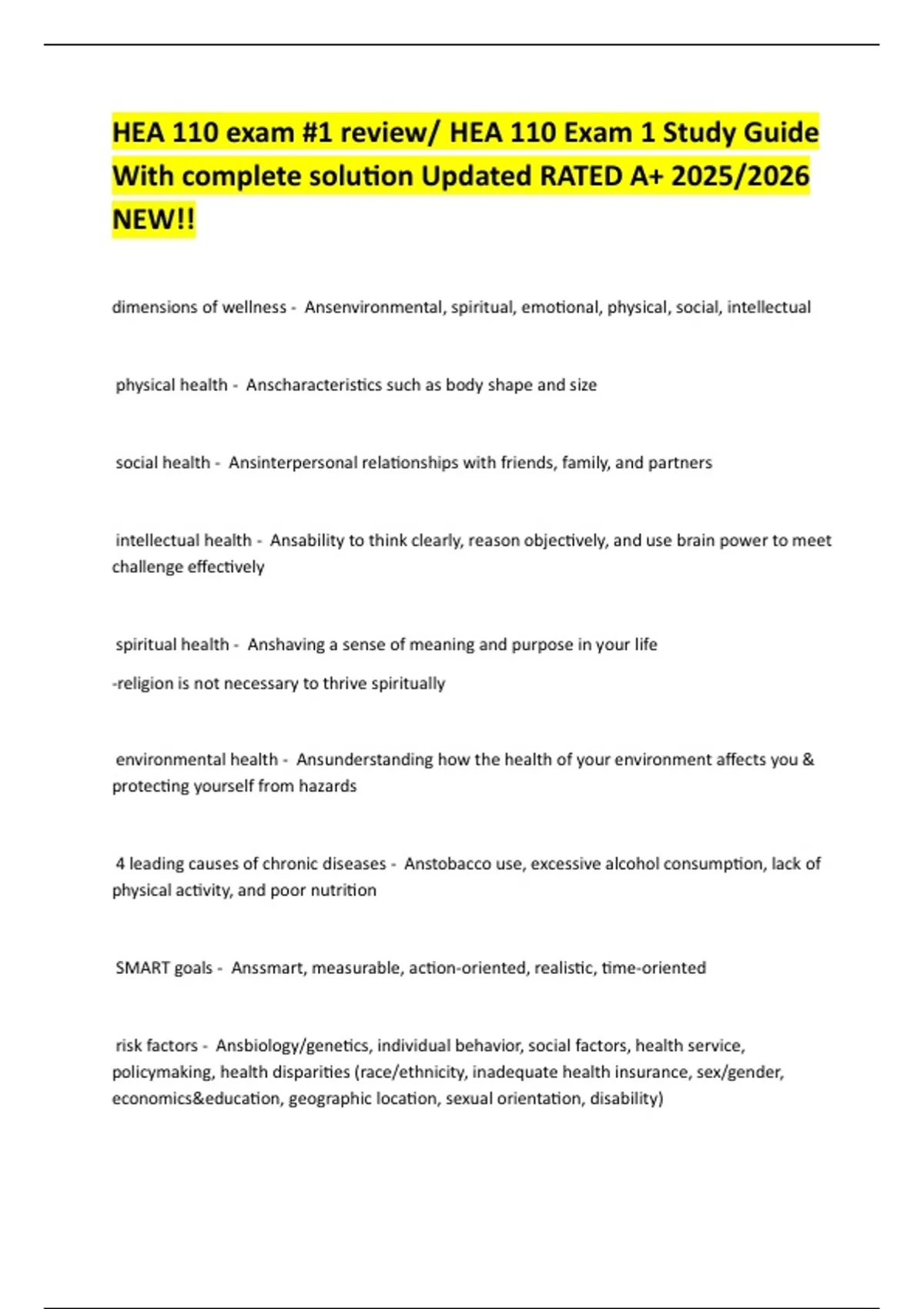 HEA 110 exam #1 review/ HEA 110 Exam 1 Study Guide With complete ...
