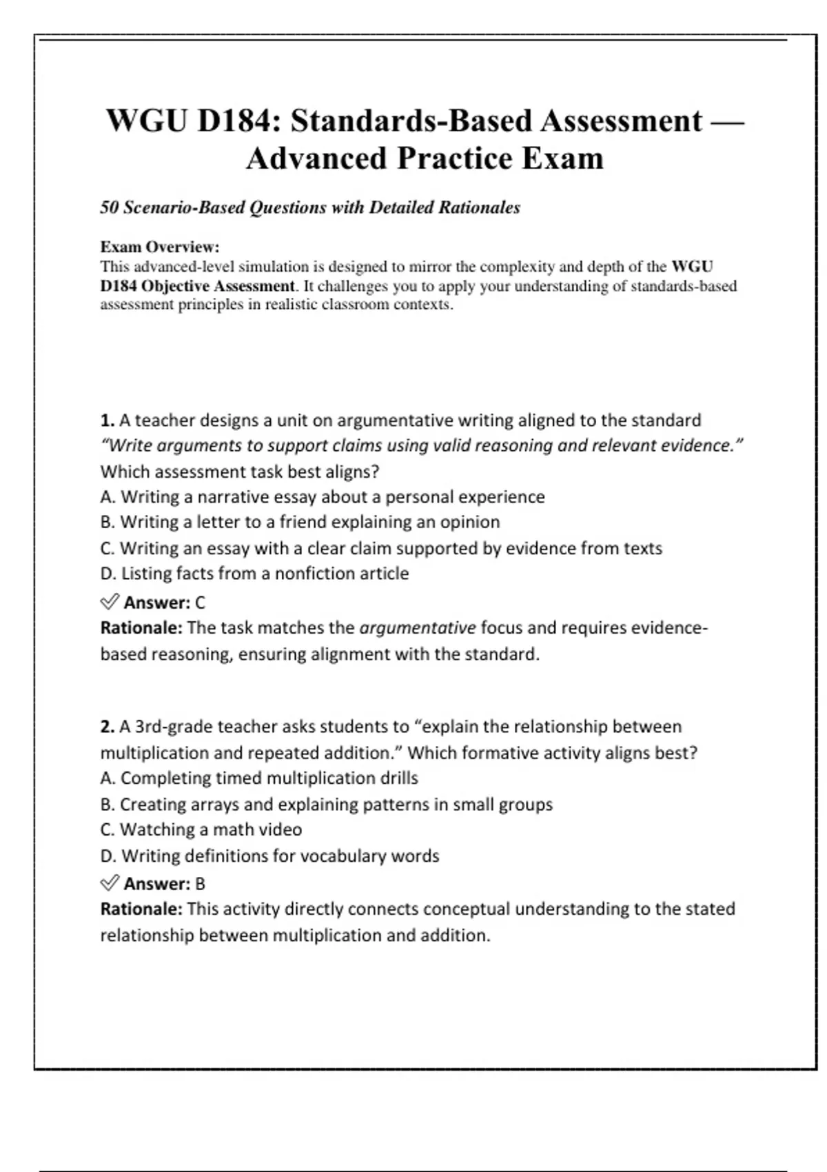 WGU D184: Standards-Based Assessment — Advanced Practice Exam 50 ...