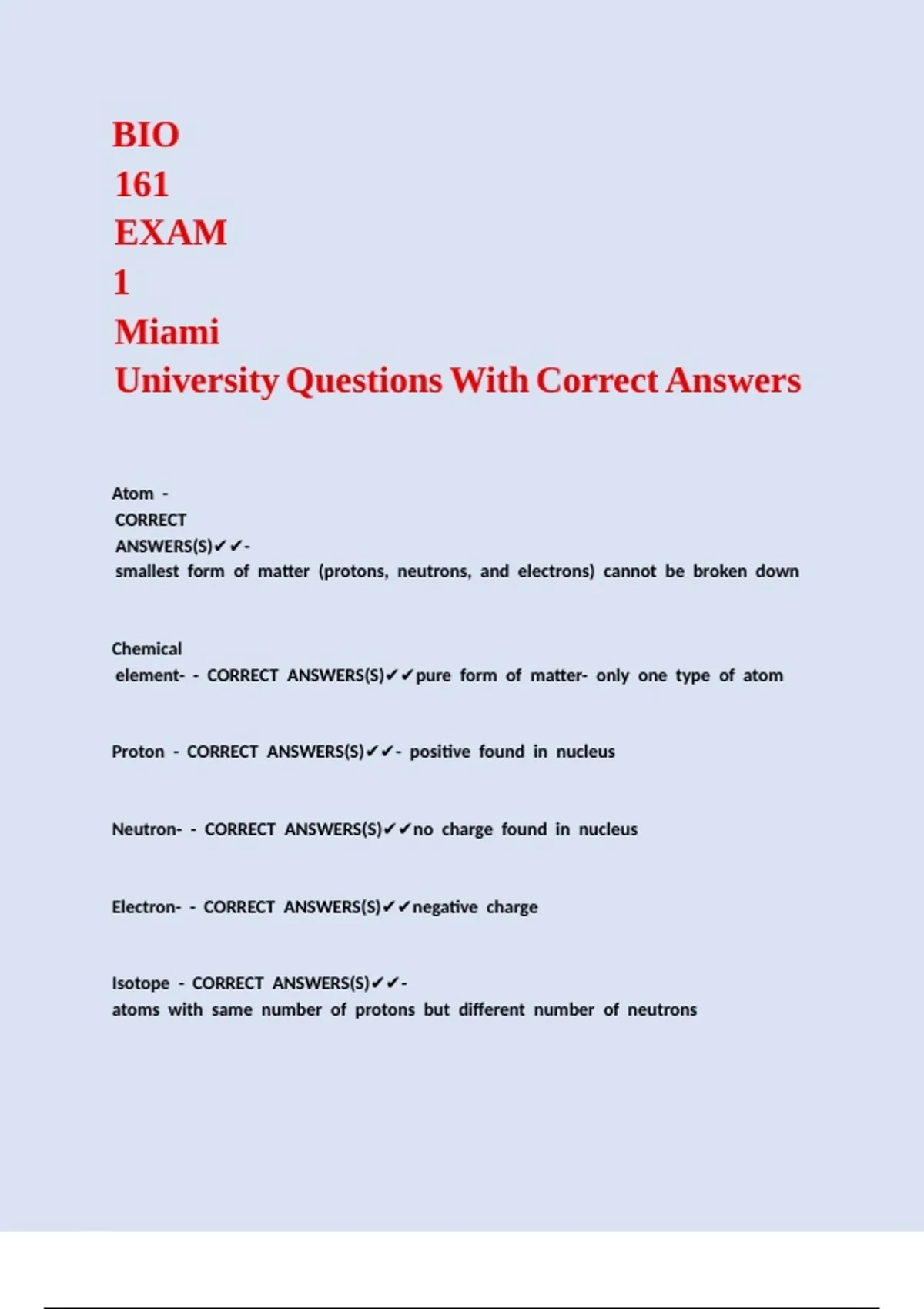 BIO 161 EXAM 1 Miami University Questions With Correct Answers - BIO ...