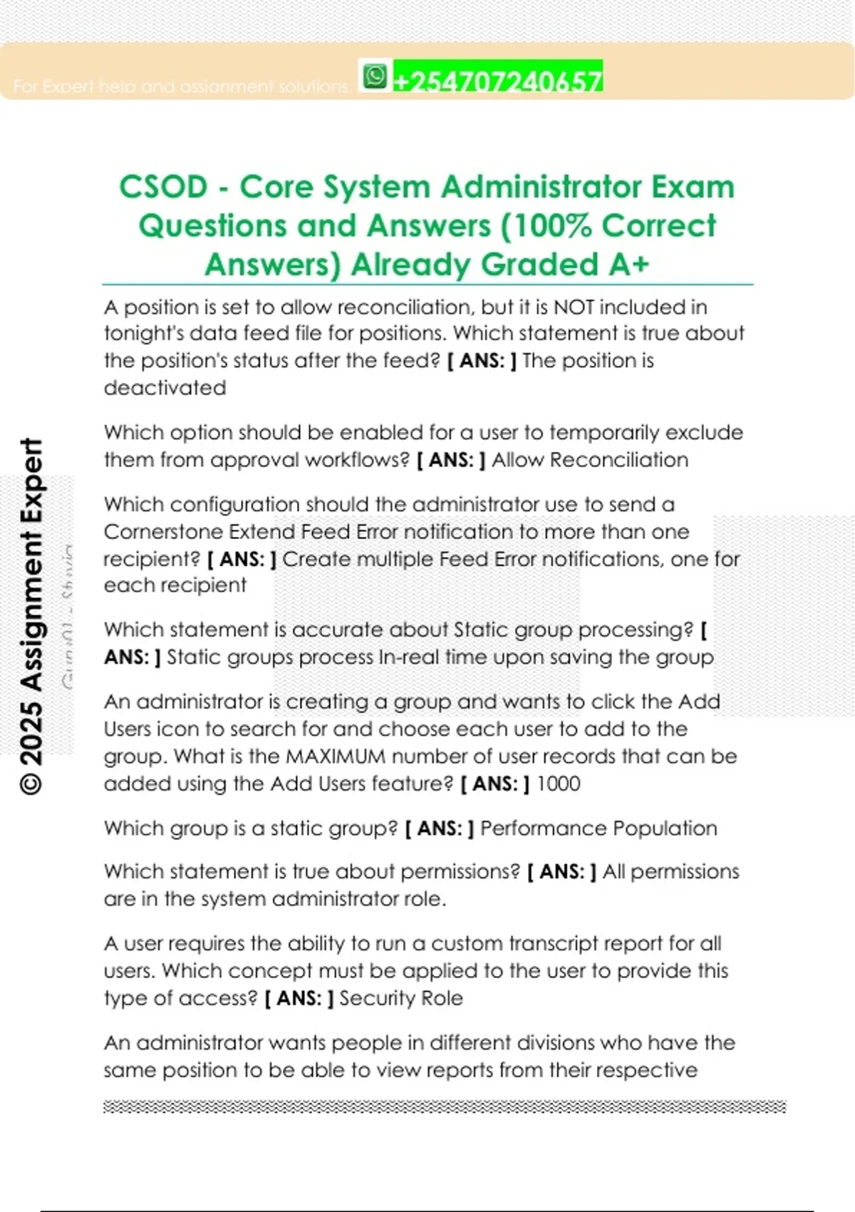 CSOD - Core System Administrator Exam Questions and Answers (100% ...