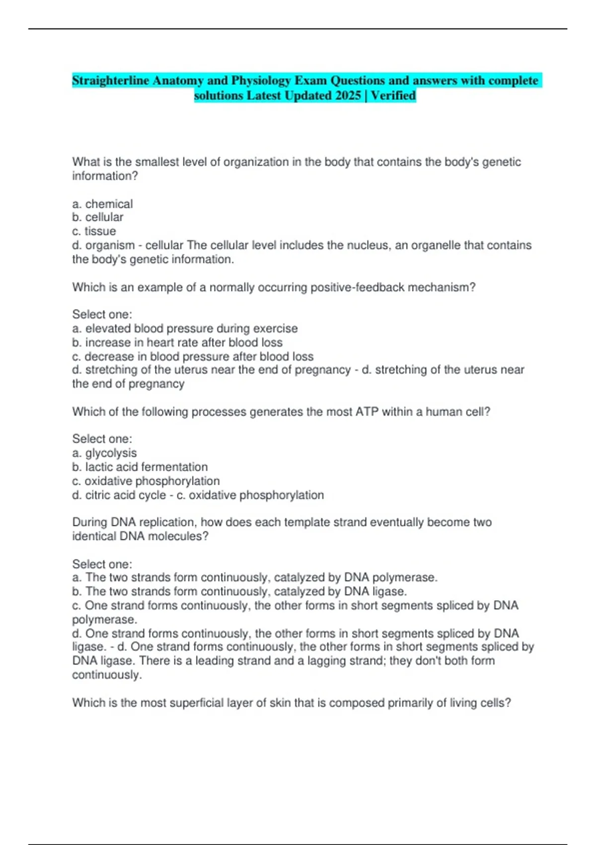 Straighterline Anatomy and Physiology Exam Questions and Correct ...