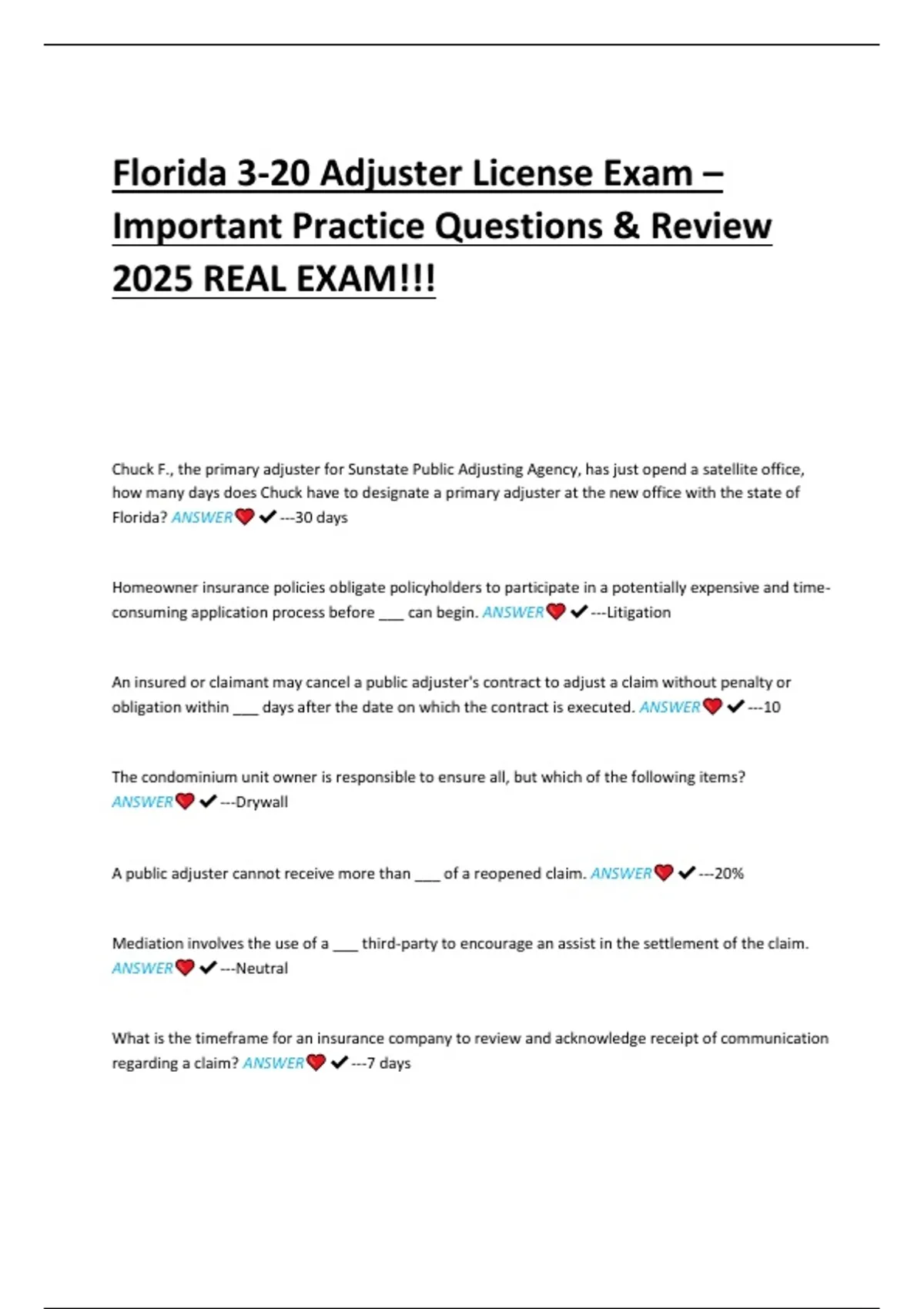 Florida 3-20 Adjuster License Exam – Important Practice Questions ...