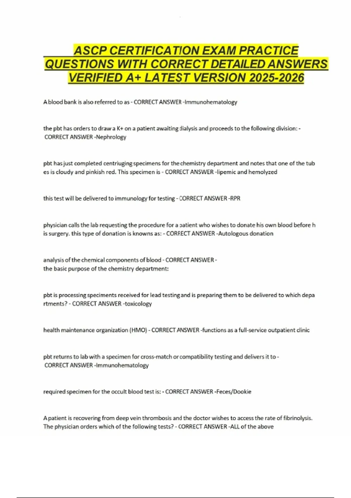 ASCP CERTIFICATION EXAM PRACTICE QUESTIONS WITH CORRECT DETAILED ...