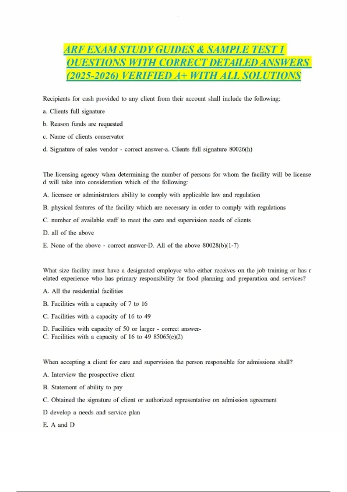 ARF EXAM STUDY GUIDES & SAMPLE TEST 1 QUESTIONS WITH CORRECT DETAILED ...