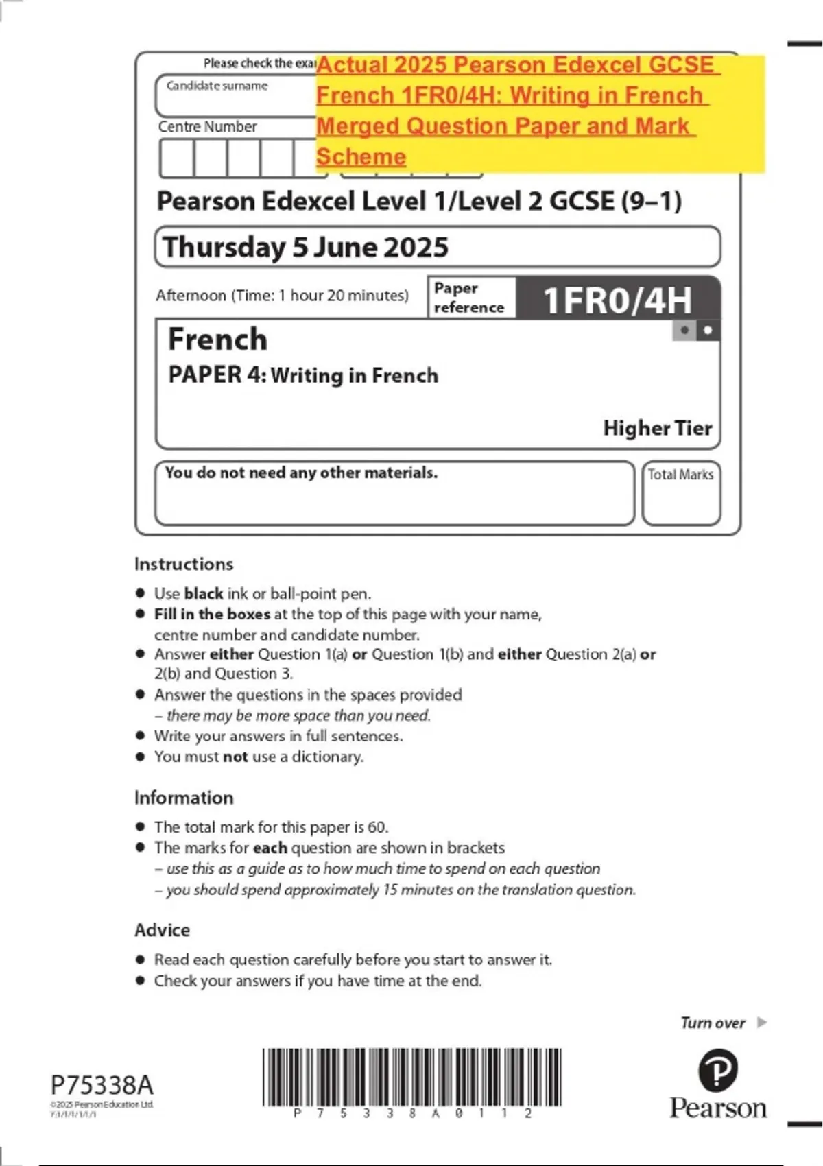 Actual 2025 Pearson Edexcel GCSE French 1FR0/4H: Writing in French ...