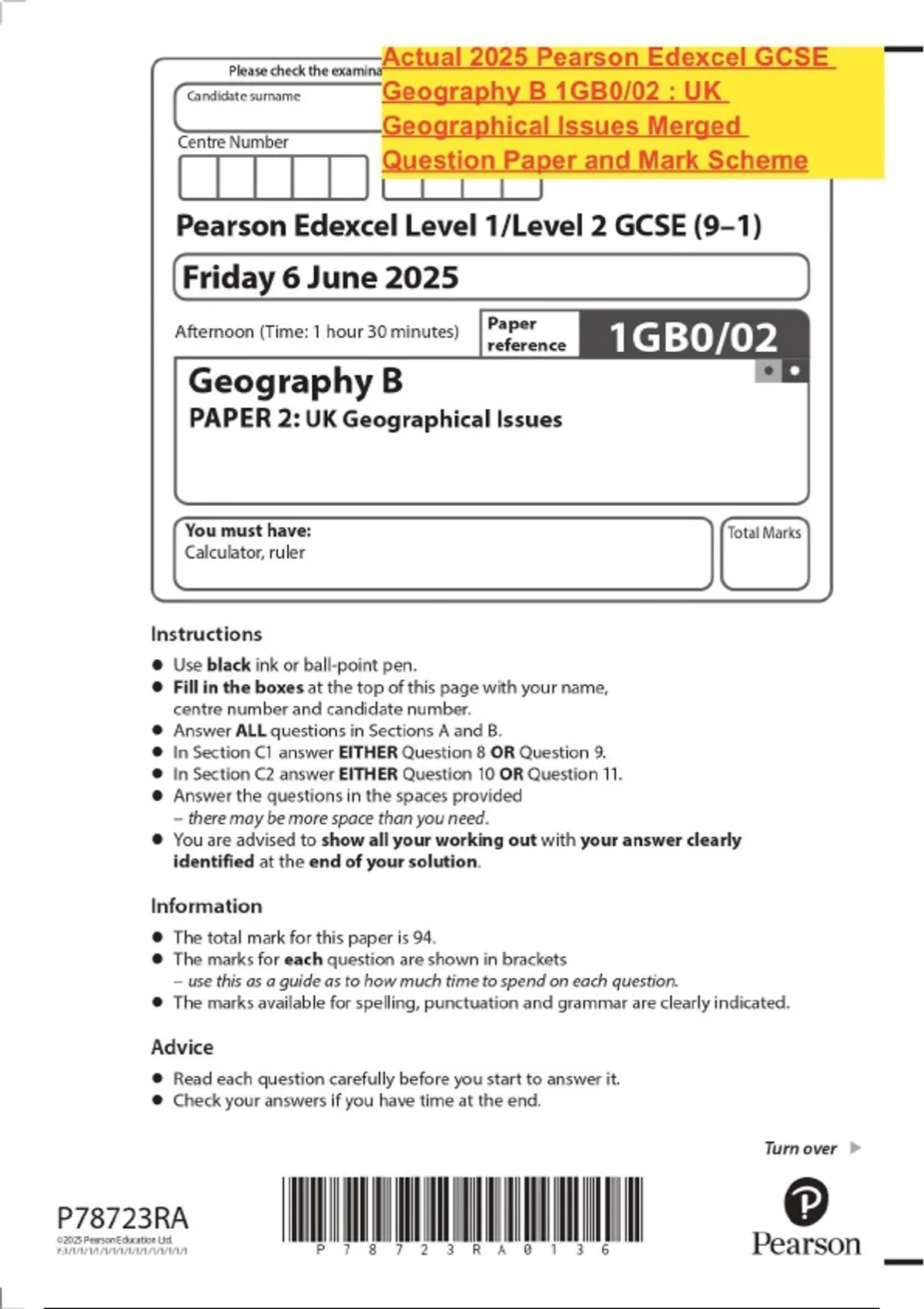 Actual 2025 Pearson Edexcel GCSE Geography B 1GB0/02 : UK Geographical ...