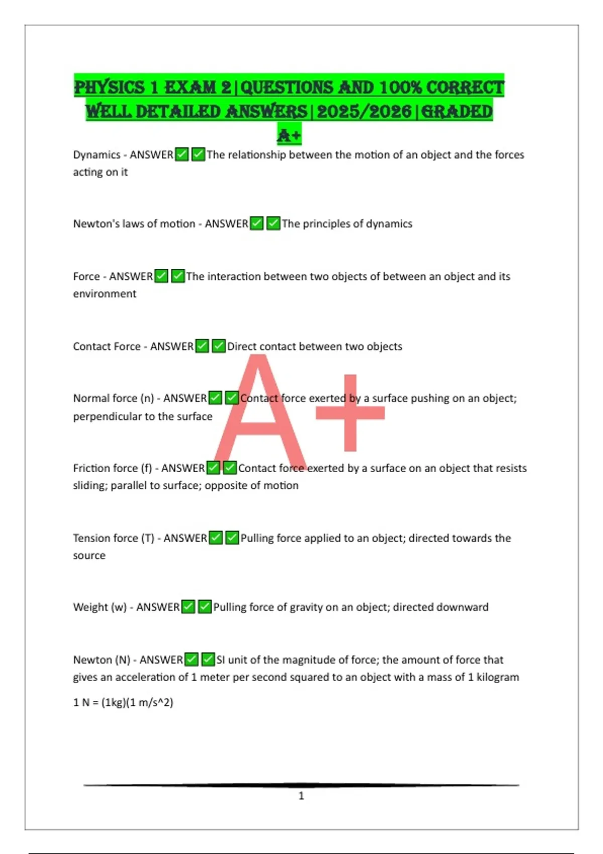 PHYSICS 1& 2 STUDY MATERIALS|EXAM PRACTICE QUESTIONS WITH 100% CORRECT ...