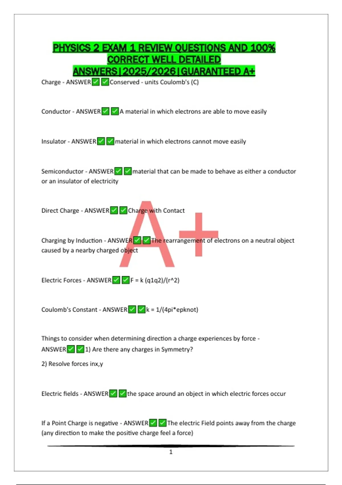 PHYSICS 2 EXAM 1 REVIEW QUESTIONS AND 100% CORRECT WELL DETAILED ...