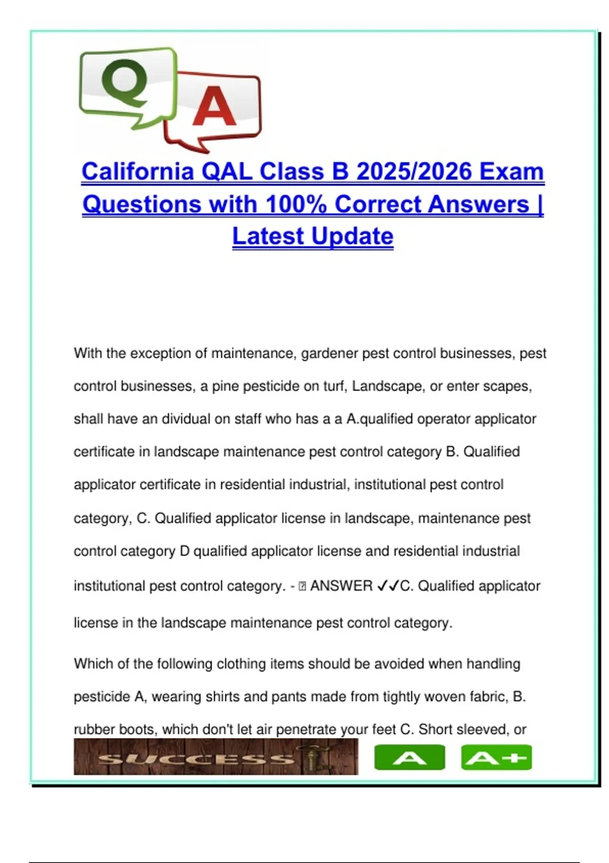 Ffe Qal California QAL Class B Exam 2025/2026 – 100% Correct Q&A | Pesticide ...