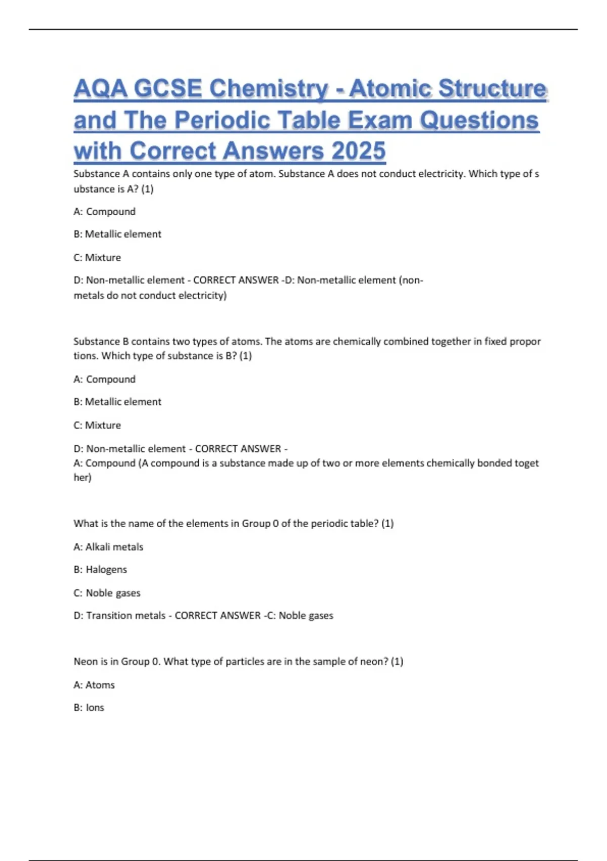 AQA GCSE Chemistry - Atomic Structure and The Periodic Table Exam ...