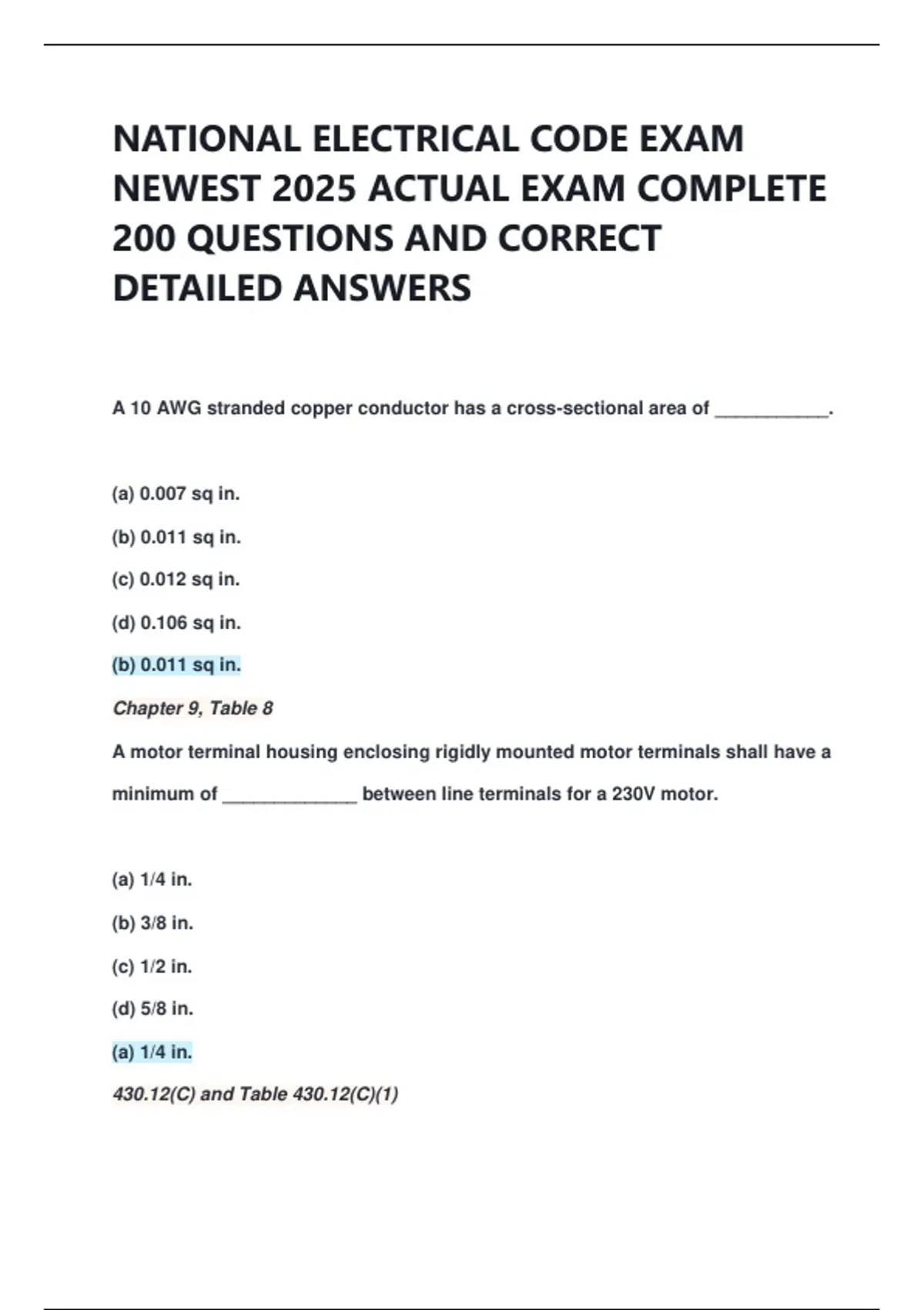 Nec Code Questions NATIONAL ELECTRICAL CODE EXAM NEWEST 2025 ACTUAL EXAM COMPLETE 200 ...