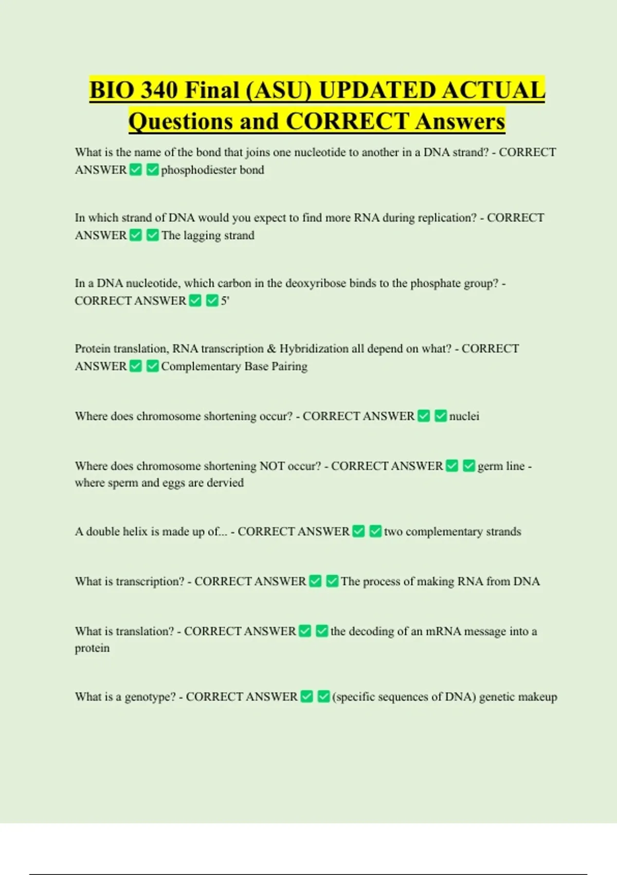BIO 340 Final (ASU) UPDATED ACTUAL Questions and CORRECT Answers - BIO ...