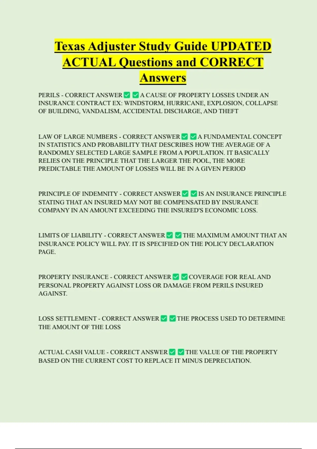 Texas Adjuster Study Guide UPDATED ACTUAL Questions and CORRECT Answers ...