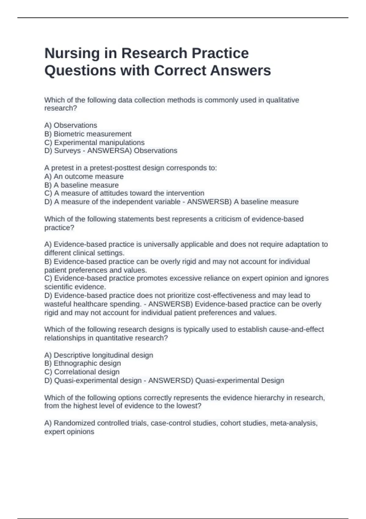 Nursing in Research Practice Questions with Correct Answers - Nursing ...
