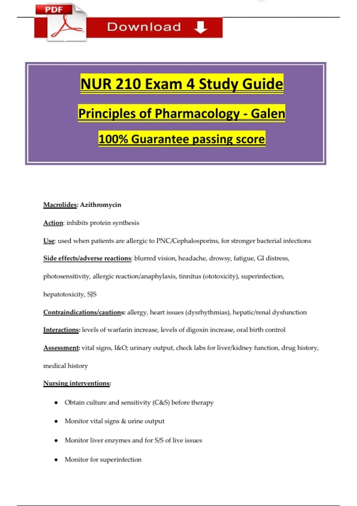 NUR 210 Principles of Pharmacology – Galen College Exam 4 Study Guide ...