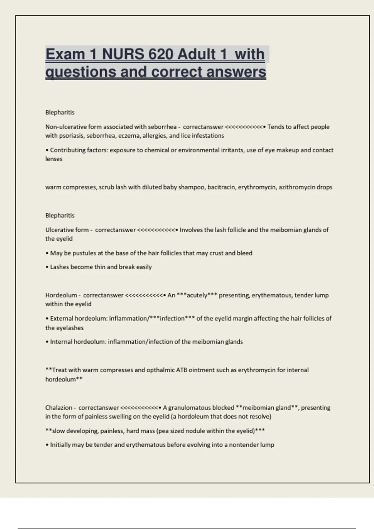 Exam 1 NURS 620 – Adult 1 Nursing with 100% Correct Questions and ...