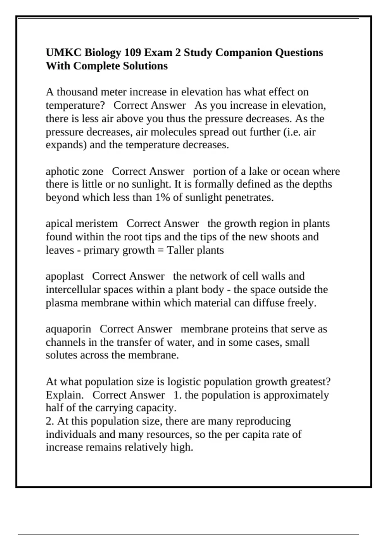 UMKC Biology 109 Exam 2 Study Companion Questions With Complete ...