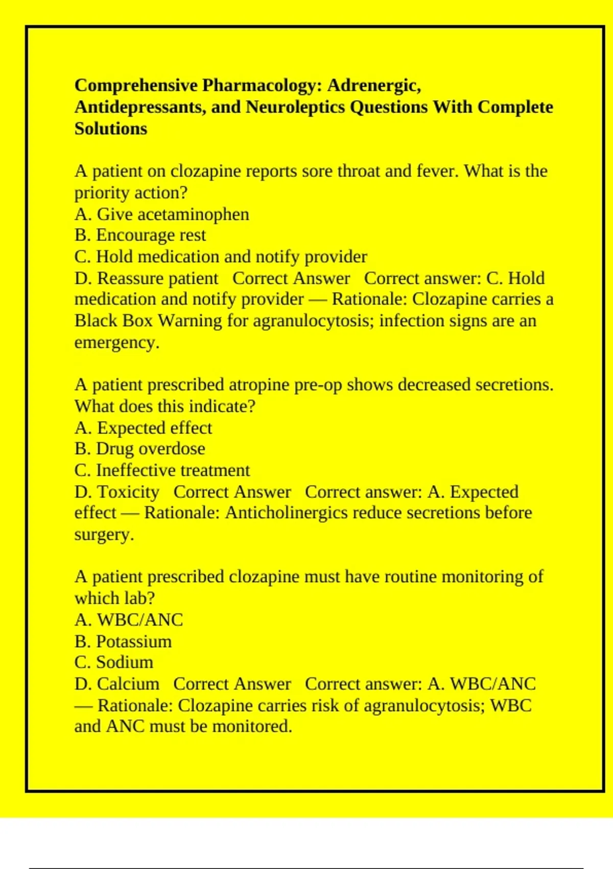 Comprehensive Pharmacology: Adrenergic, Antidepressants, and Neuroleptics Questions With ...