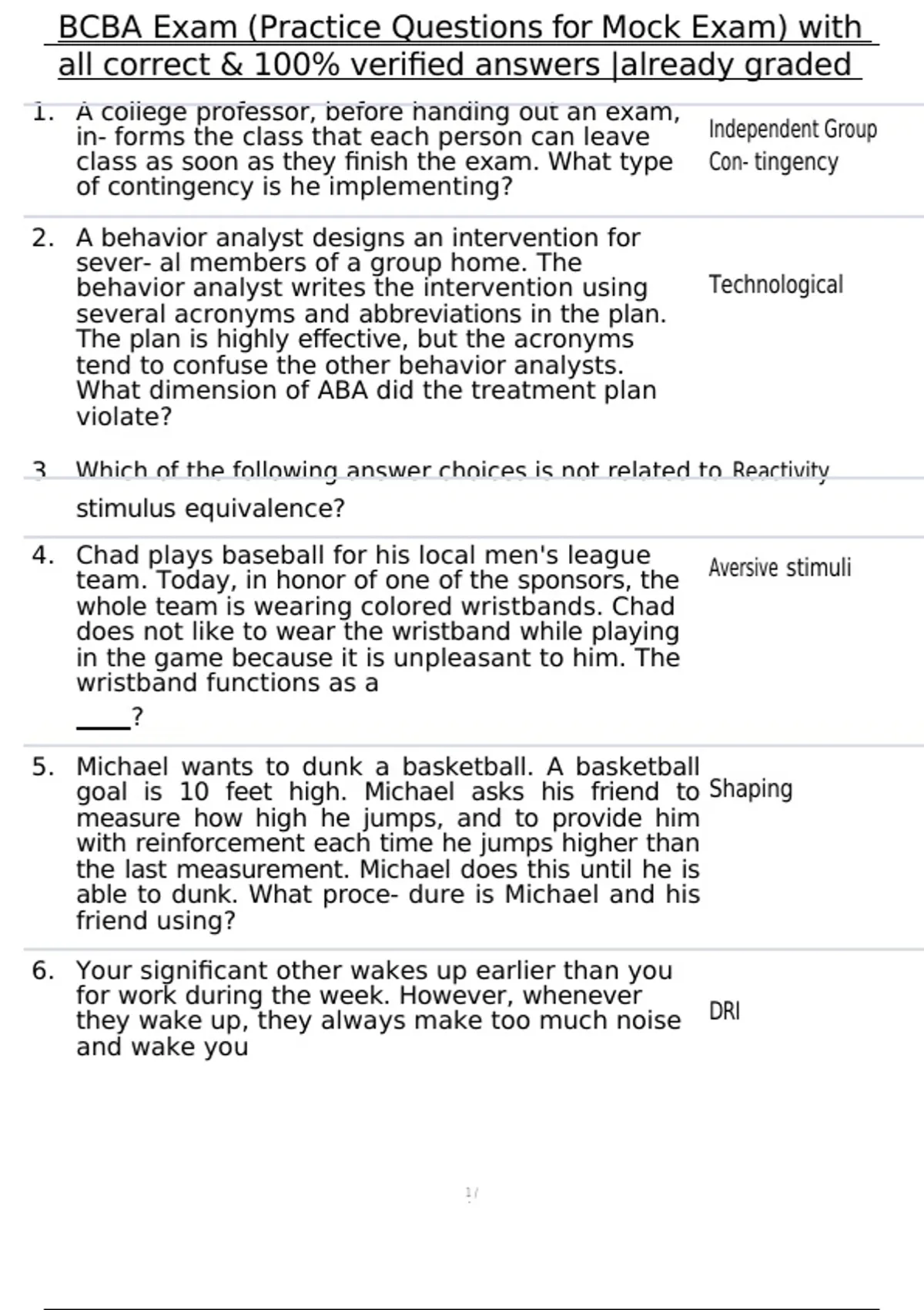 BCBA Exam (Practice Questions for Mock Exam) with all correct & 100% ...