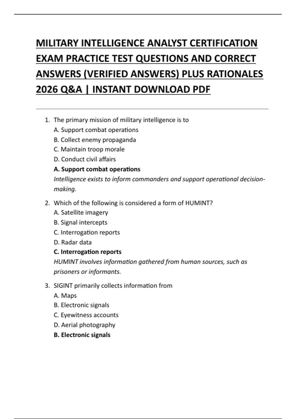 MILITARY INTELLIGENCE ANALYST CERTIFICATION EXAM PRACTICE TEST ...