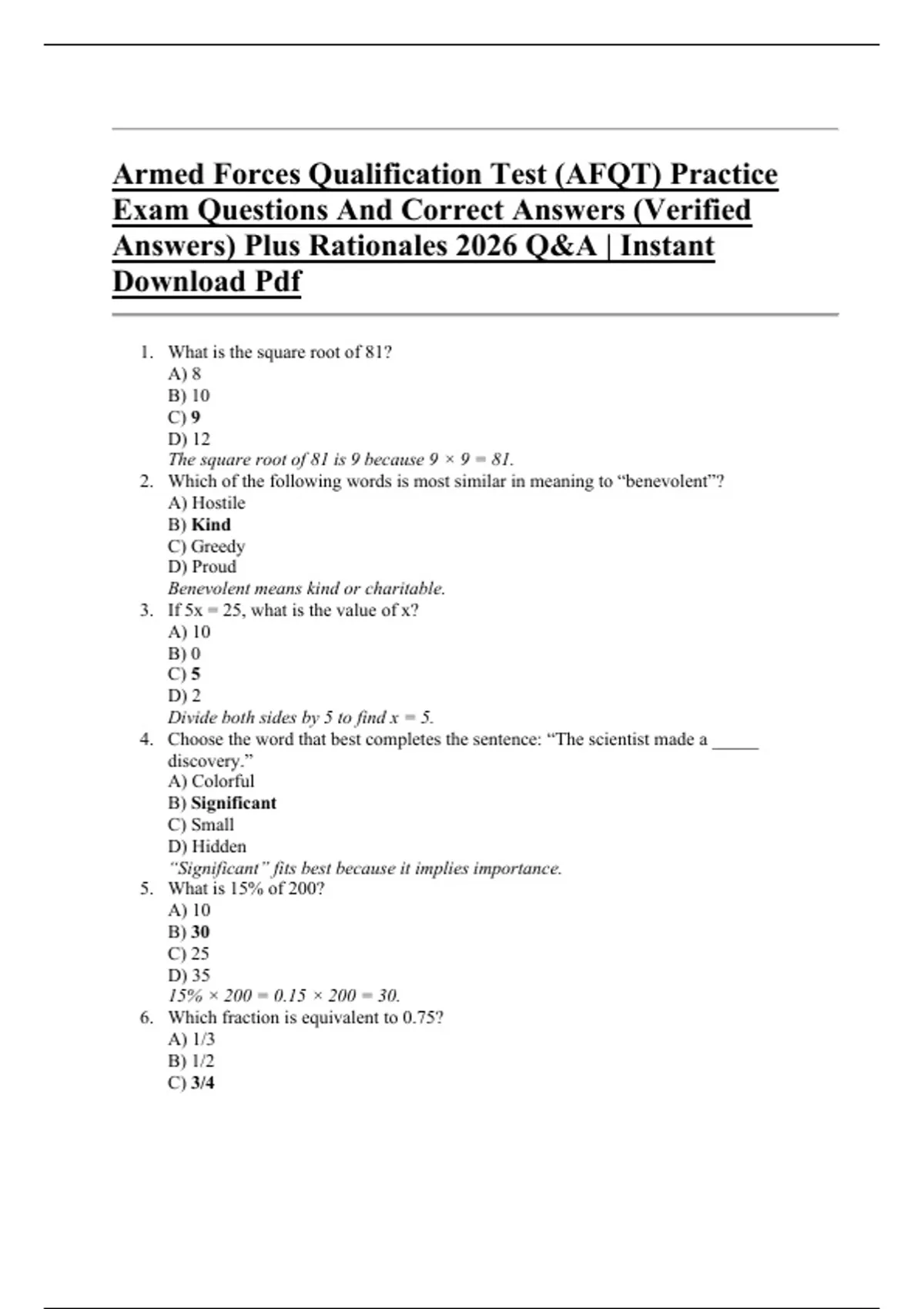 Armed Forces Qualification Test (AFQT) Practice Exam Questions And ...