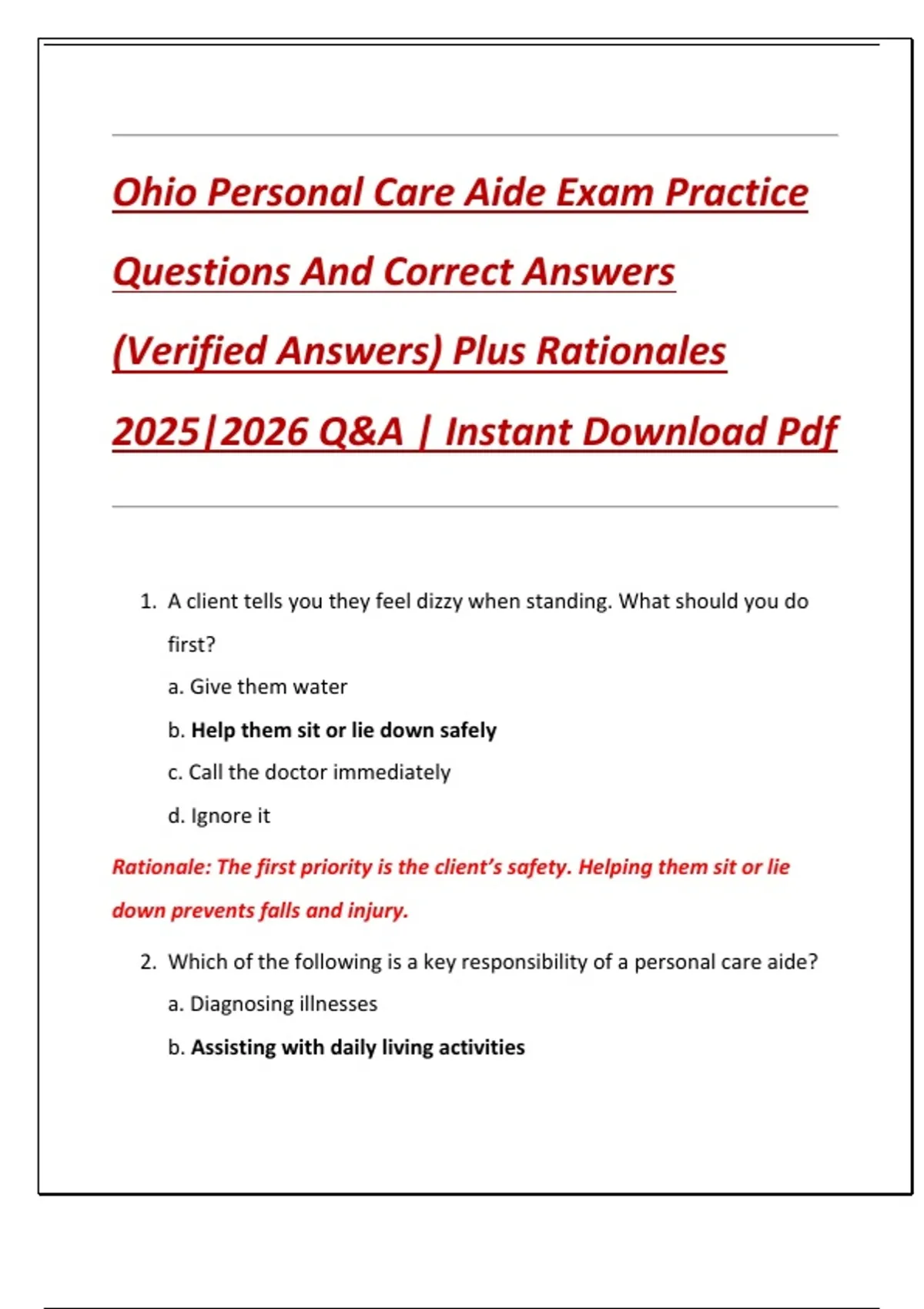 Ohio Personal Care Aide Exam Practice Questions And Correct Answers ...