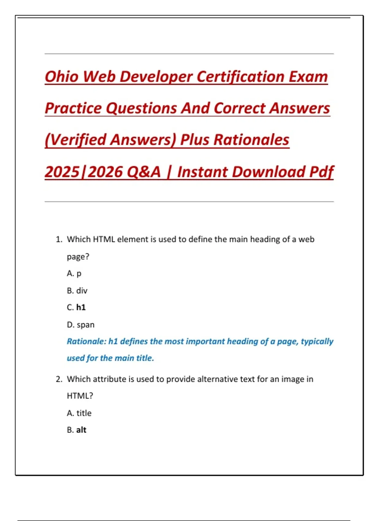 Ohio Web Developer Certification Exam Practice Questions And Correct ...