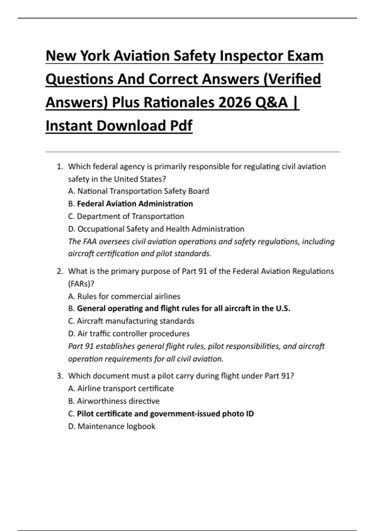 New York Aviation Safety Inspector Exam Questions And Correct Answers ...