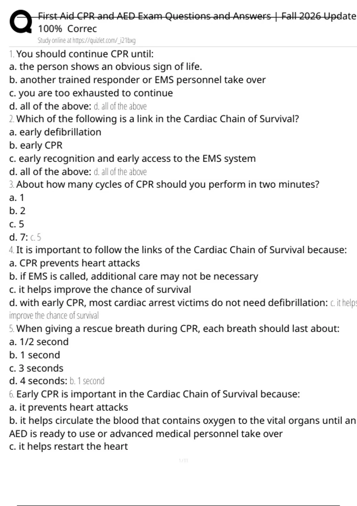 First Aid CPR and AED Exam Questions and Answers | Fall 2026 Update ...