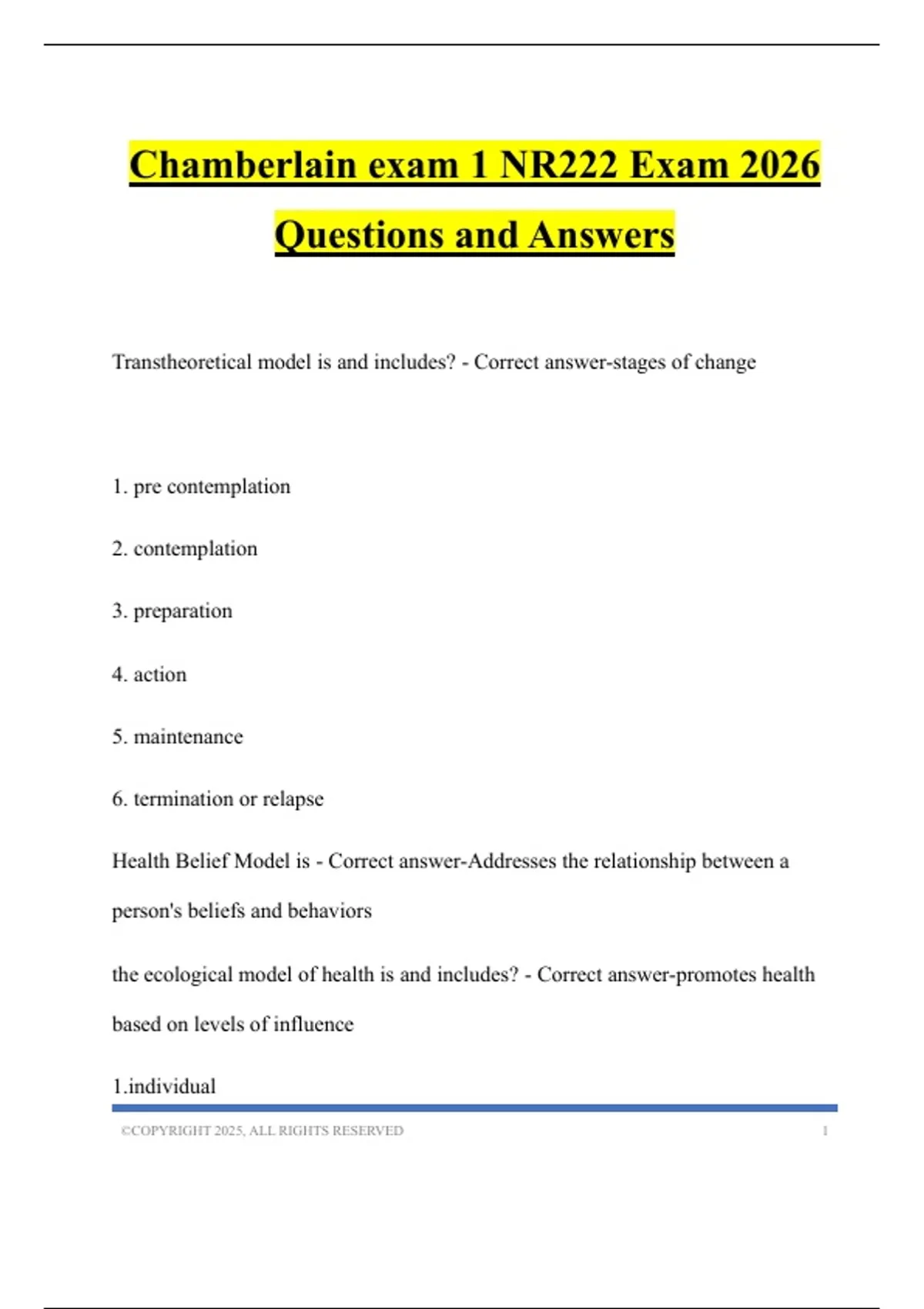 Chamberlain exam 1 NR222 Exam 2026 Questions and Answers - NR 228 ...