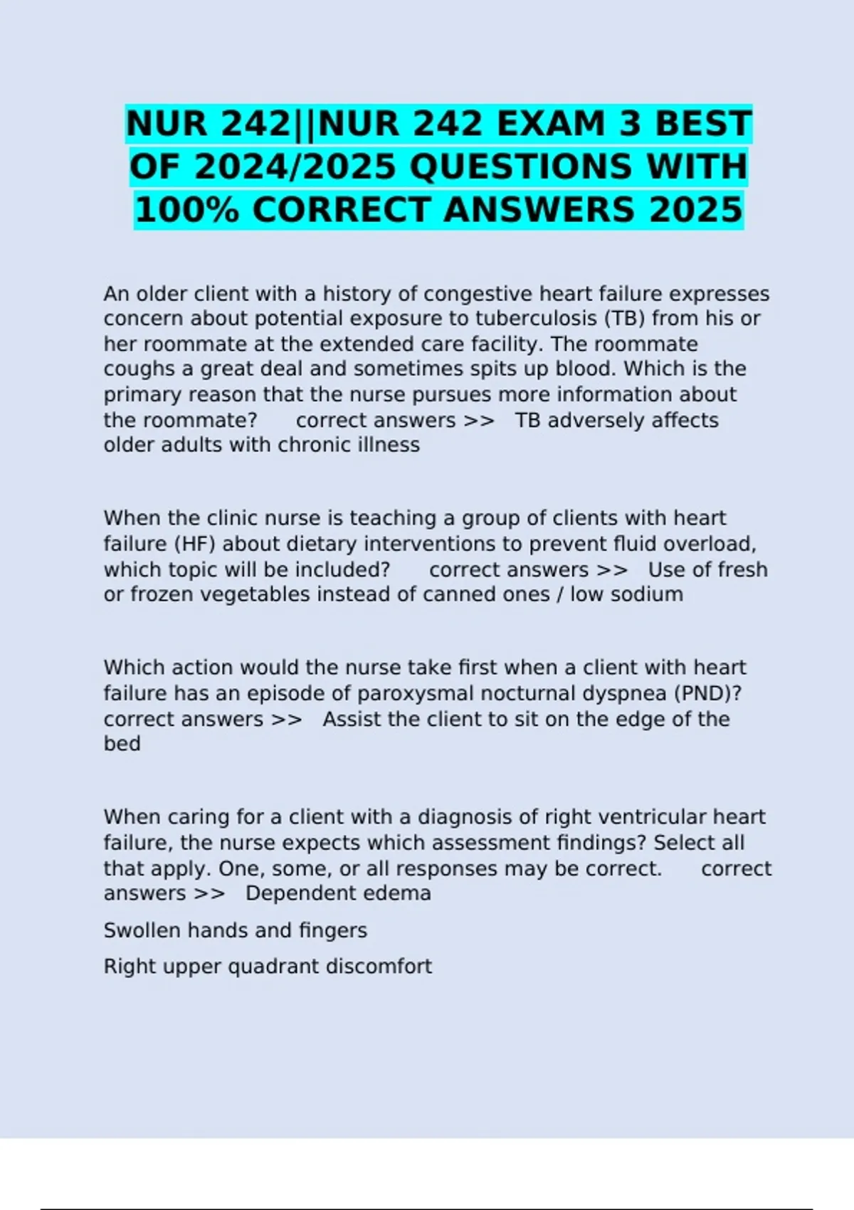 NUR 242||NUR 242 EXAM 3 BEST OF 2024/2025 QUESTIONS WITH 100% CORRECT ...