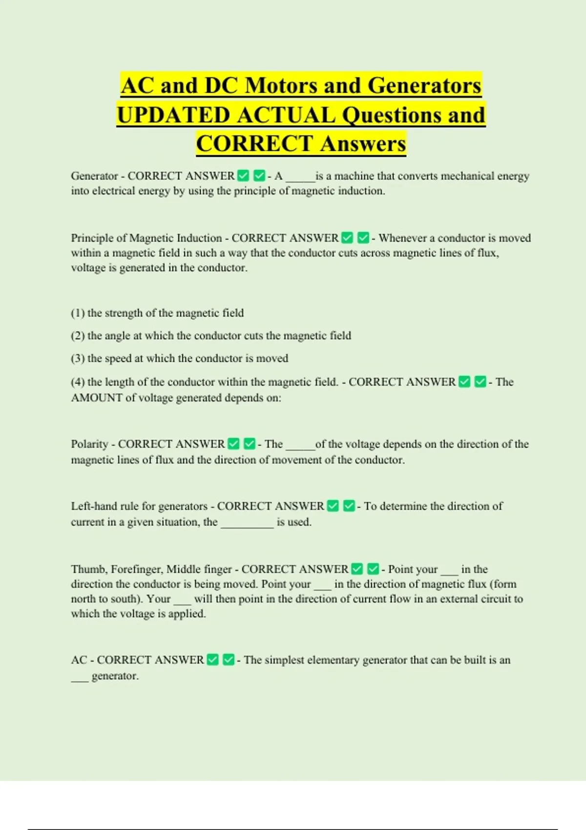 AC and DC Motors and Generators UPDATED ACTUAL Questions and CORRECT ...