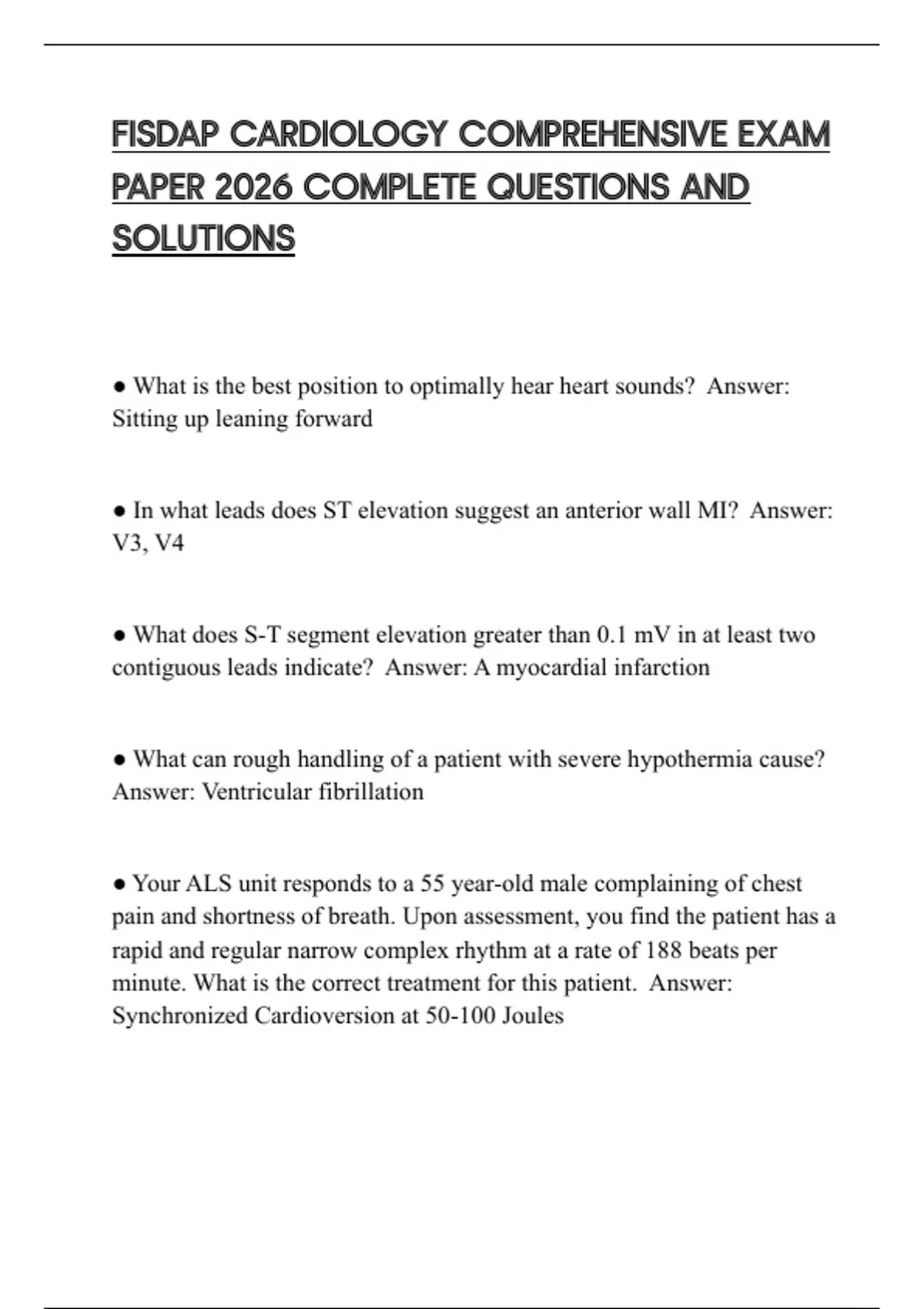 FISDAP CARDIOLOGY COMPREHENSIVE EXAM PAPER 2026 COMPLETE QUESTIONS AND ...