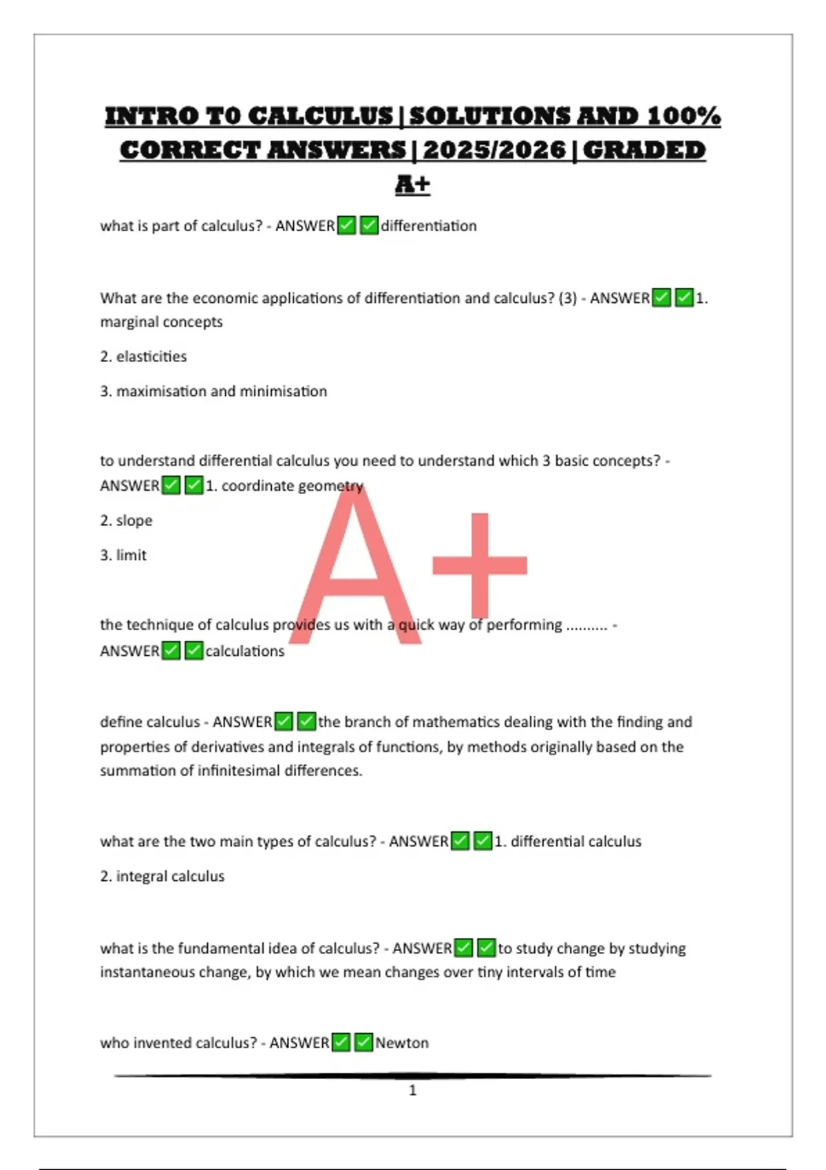 INTRO T0 CALCULUS|SOLUTIONS AND 100% CORRECT ANSWERS|2025/2026|GRADED ...