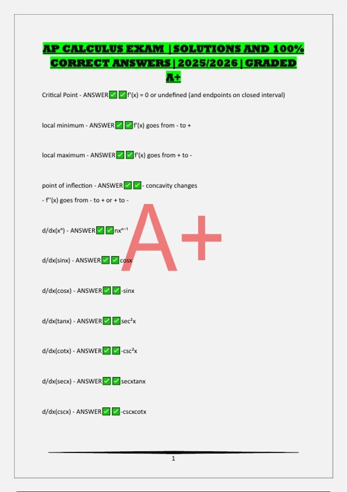 AP CALCULUS EXAM |SOLUTIONS AND 100% CORRECT ANSWERS|2025/2026|GRADED ...