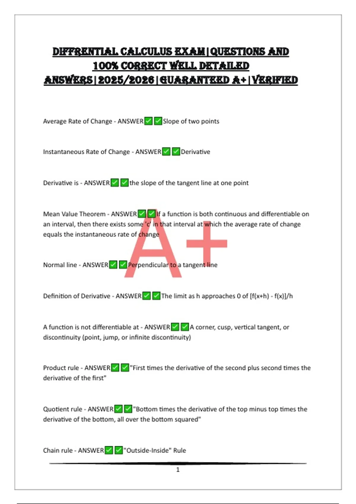 DIFFRENTIAL CALCULUS EXAM|QUESTIONS AND 100% CORRECT WELL DETAILED ...