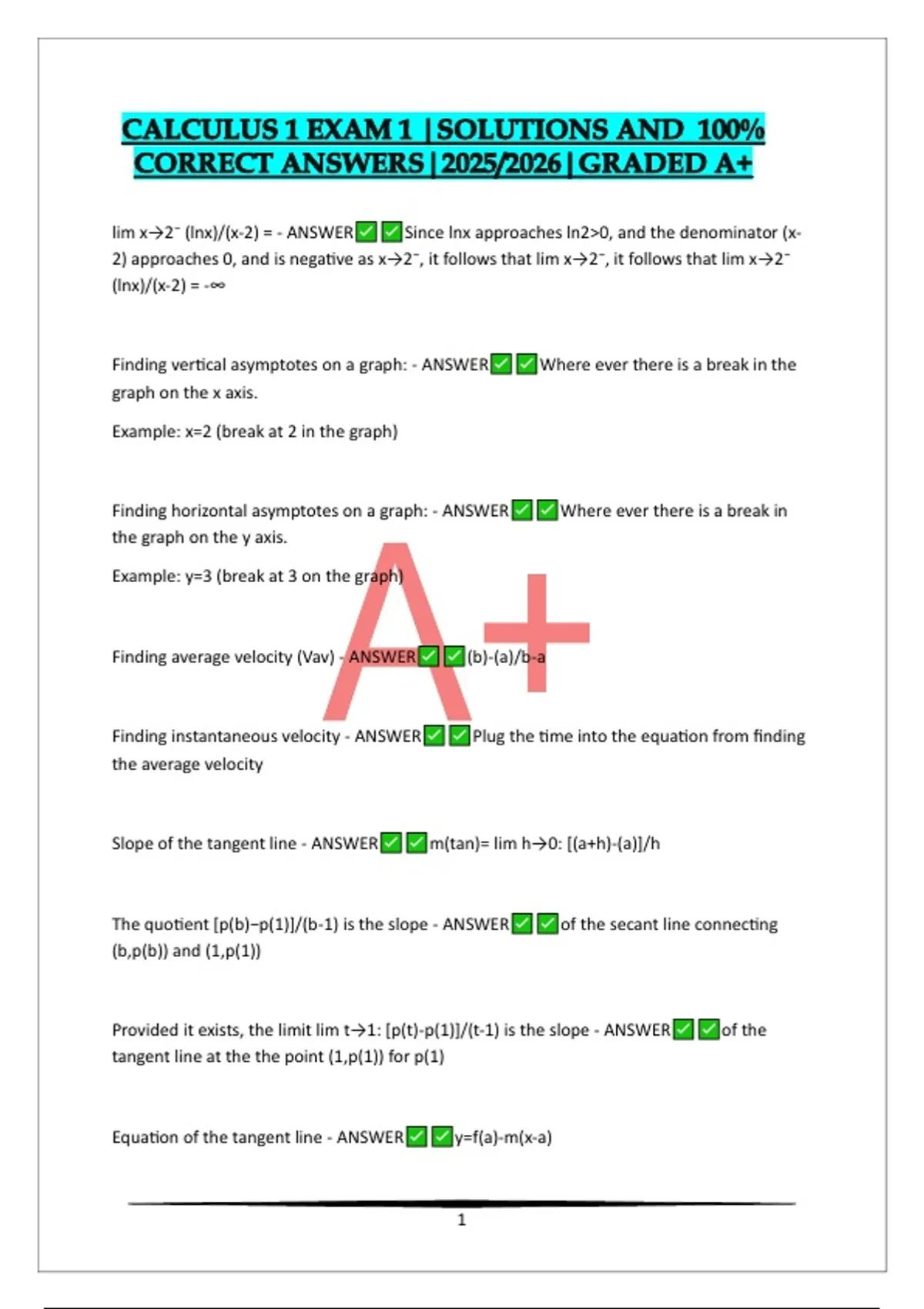 CALCULUS 1 EXAM 1 |SOLUTIONS AND 100% CORRECT ANSWERS|2025/2026|GRADED ...
