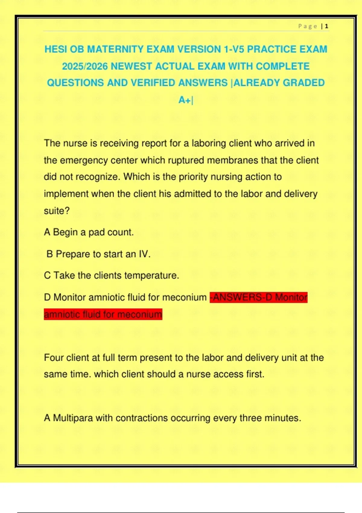 HESI OB MATERNITY EXAM VERSION 1-V5 PRACTICE EXAM 2025/2026 NEWEST ...