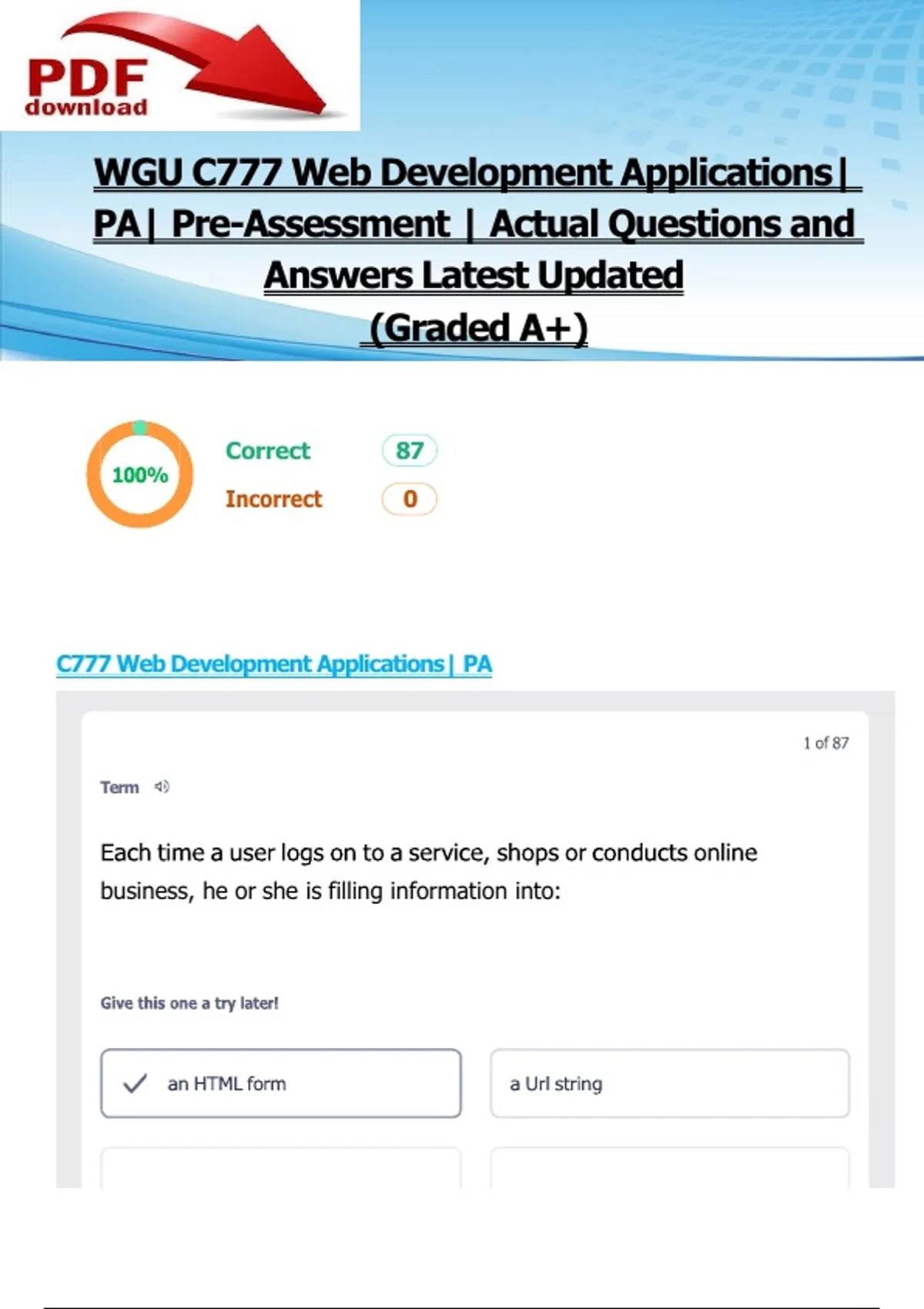 WGU C777 Web Development Applications| PA| Pre-Assessment | 87 Actual ...