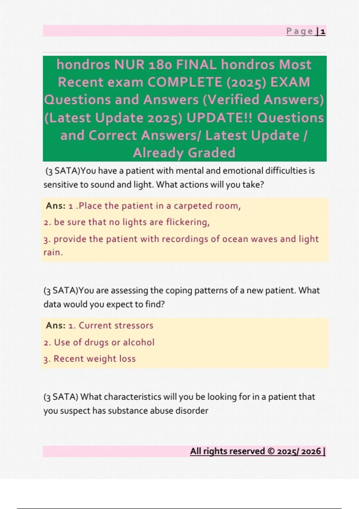 hondros NUR 180 FINAL hondros Most Recent exam COMPLETE (2025) EXAM ...