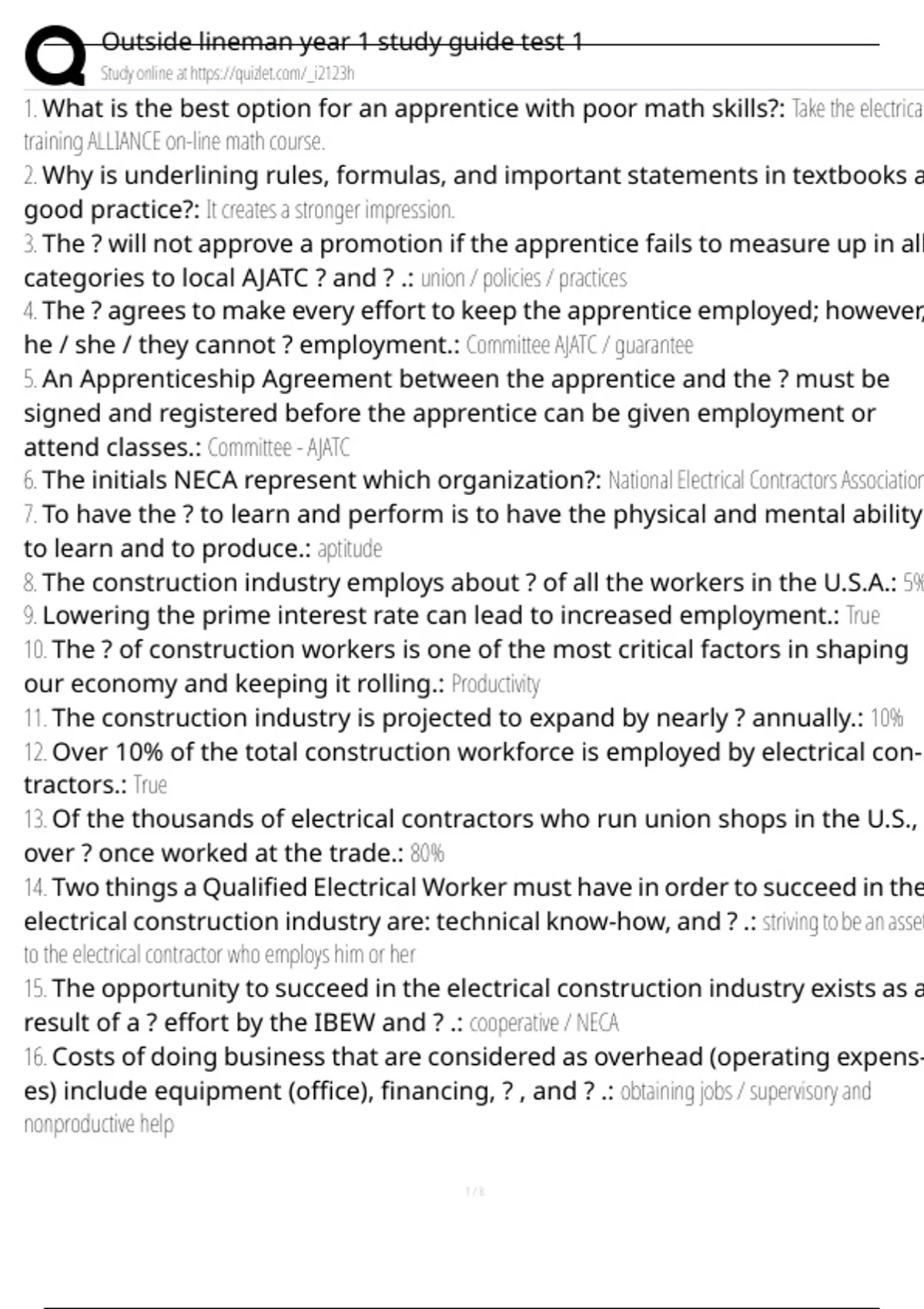 Outside lineman year 1 study guide test 1 Exam Questions and Answers ...