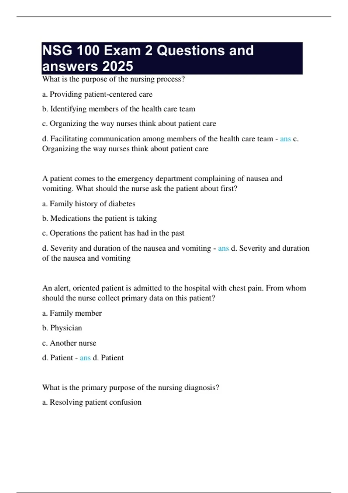NSG 100 Exam 2 Nursing Questions & Answers 2025 – Nursing Process ...