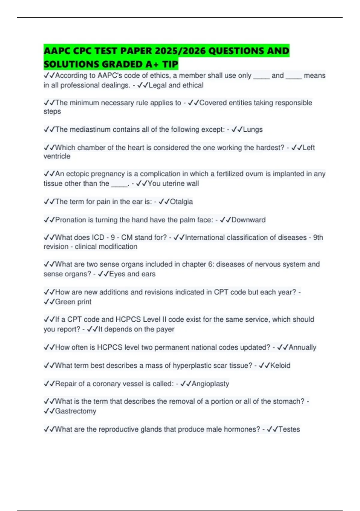 AAPC CPC TEST PAPER 2025/2026 QUESTIONS AND SOLUTIONS GRADED A+ TIP ...