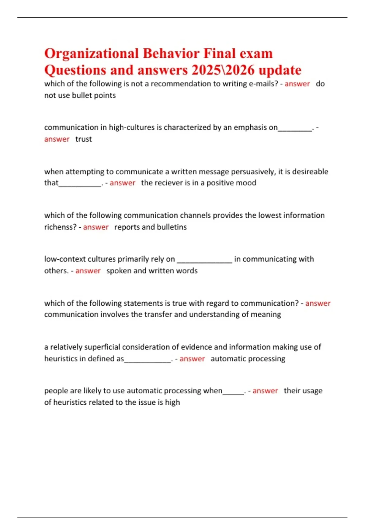 Organizational Behavior Final exam Questions and answers update ...