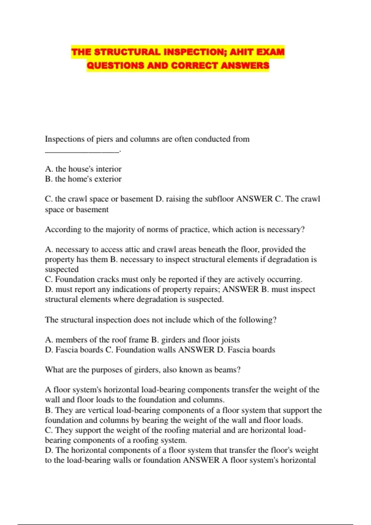 THE STRUCTURAL INSPECTION: AHIT EXAM QUESTIONS AND CORRECT ANSWERS ...